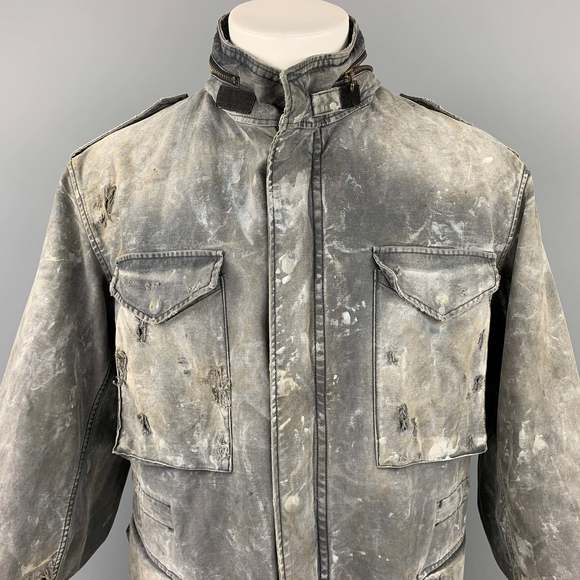 R13 Gray Distressed Cotton Destroyed Military Hooded Jacket - Picture 2 of 7